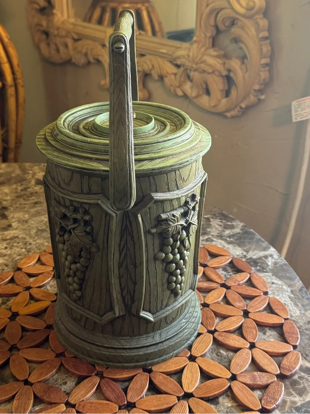 Vintage MCM Grape Ice Bucket – Avocado Green Faux Woodgrain Barware